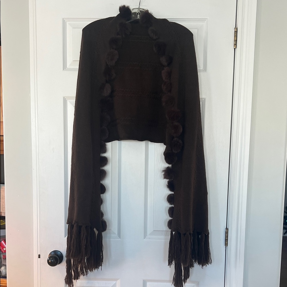 Brown Shawl with real fur Pom Pom details